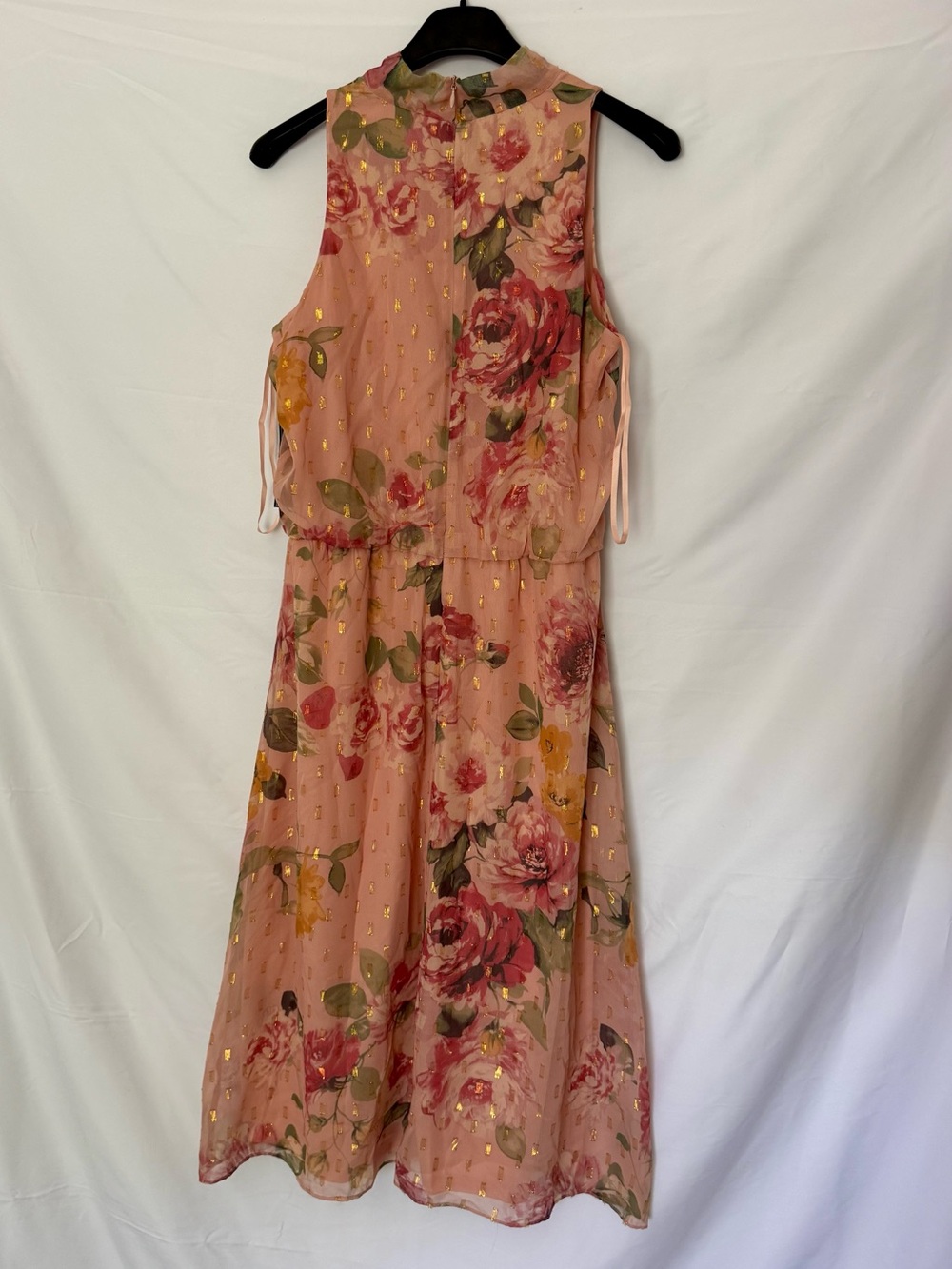 Jessica Howard Blush Floral Chiffon Halter Tie-Neck Midi Dress Metallic Size 8 - Picture 3 of 6